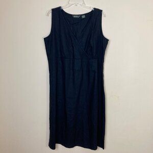 Eddie Bauer Linen Dress Womens 18 Black Hemstitch V-Neck Shift Side zip